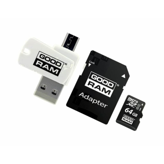 GOODRAM All In One memóriakártya TransFlash 64GB (microSDXC EVO - Class 10, UHS-1) + SD adapter + USB kártyaolvasó