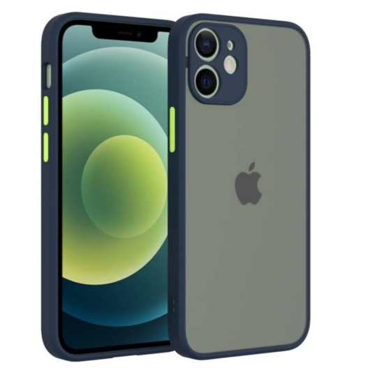 Cellect hibrid tok kemény műanyag hátlappal, kék szilikon kerettel, zöld gombokkal, iPhone 12