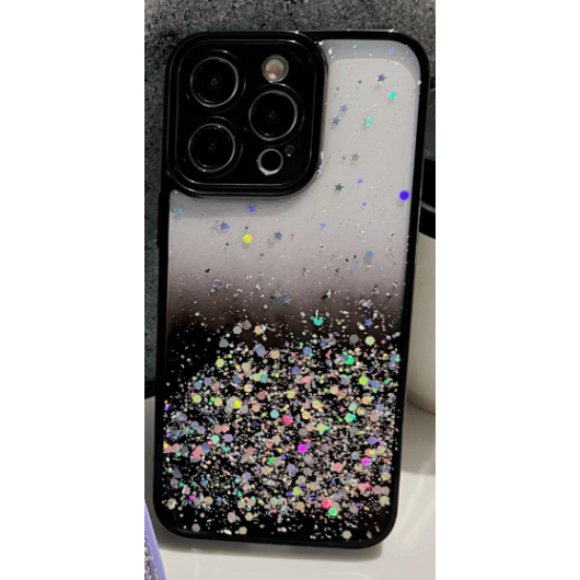 iPhone 14 Pro, Csillogós átlátszó PC (műanyag) tok ezüst csillámmal, fekete szilikon kerettel