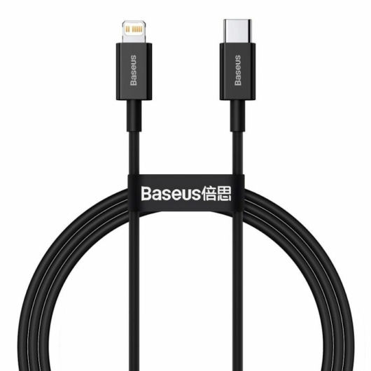 USB Type-C töltő- és adatkábel, Lightning, 100 cm, 20W, törés gátlóval, gyorstöltés, Baseus Superior,fekete
